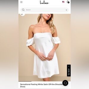 Lulus white satin off the shoulder dress. Never worn NWT
